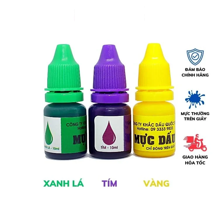 Mực đóng dấu màu vàng tím xanh lá cây 10ml | Con dấu Quốc Tiến